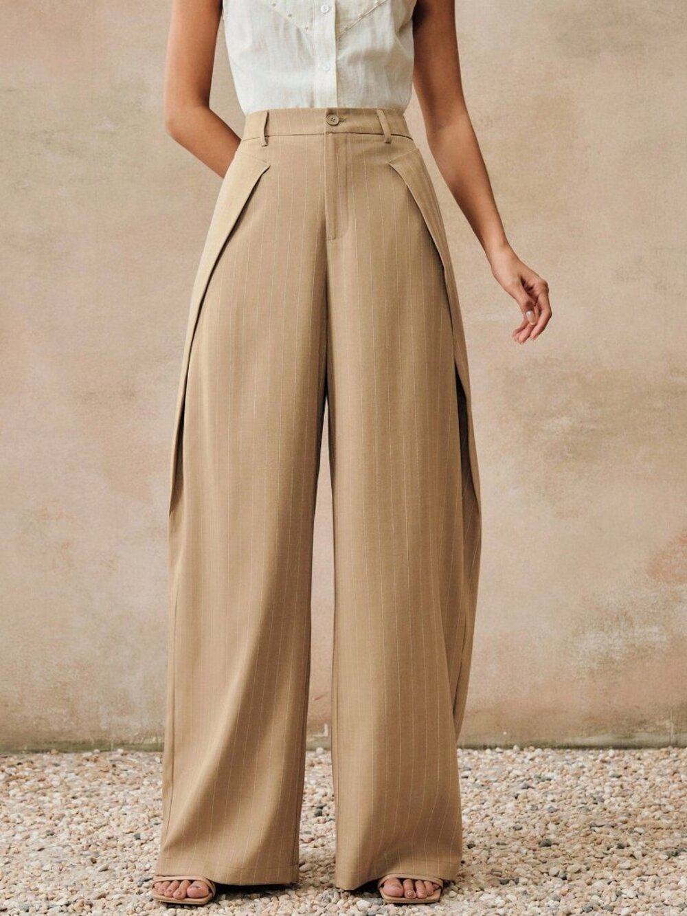 Khaki Casual Women's Striped Suit Pants - Picture 4 of 6